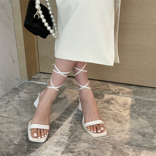 High-heeled Square Toe Cross Strap Sandals