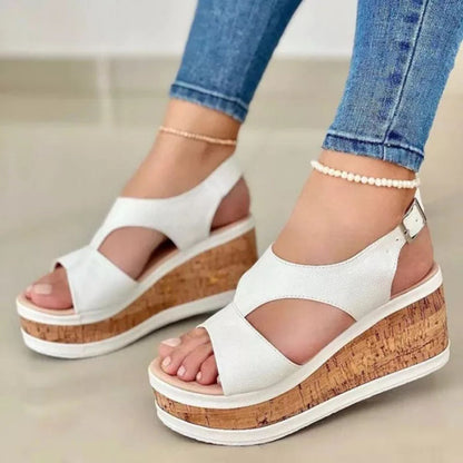 Sandalias de cuña con boca de pez para mujer, suela gruesa, bizcocho