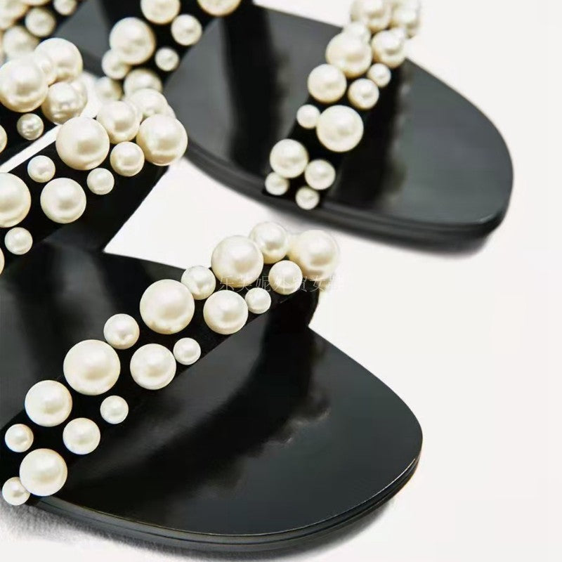 New Women's Shoes Casual Fashion Flat-heeled Flat Open-toe Sandals And Slippers With Pearl Decoration