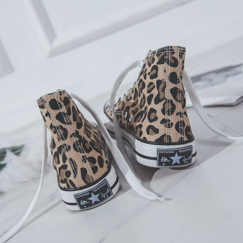 Zapatos de lona con estampado de leopardo de caña alta, estilo retro, informales, de tela