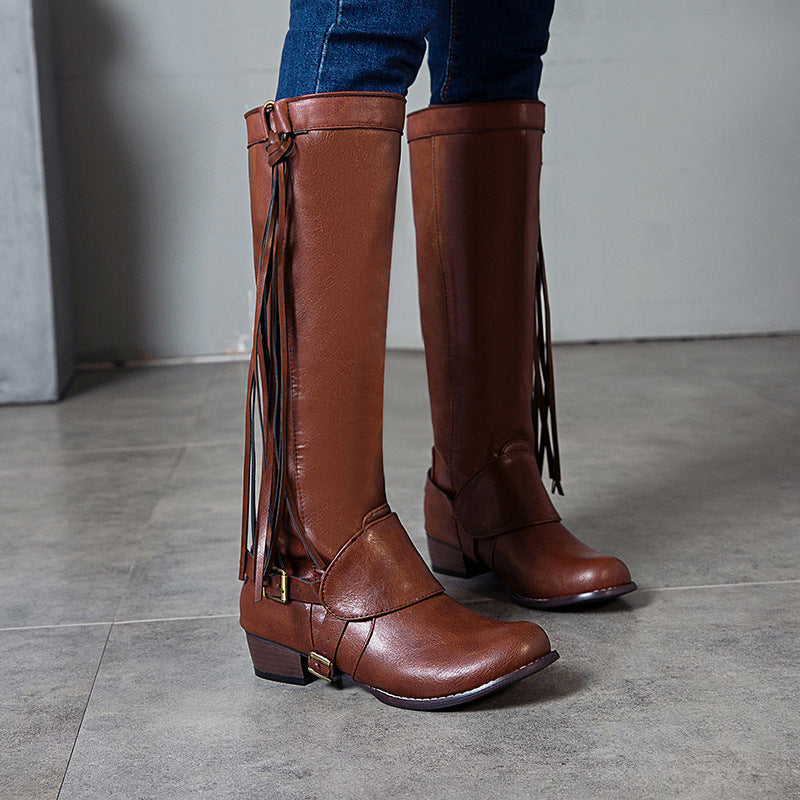 Nuevos zapatos de mujer de otoño e invierno, botas de tacón bajo, botas con flecos