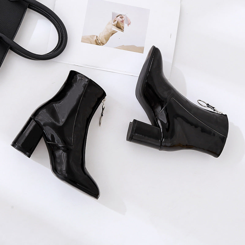 South Korea's New Square Toe Thick Heel Ankle Boots