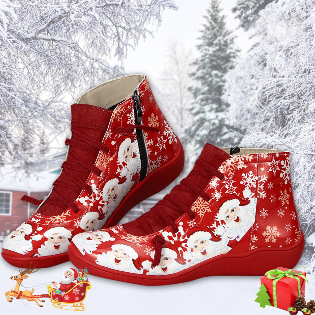 Bottines de Noël pour femmes, chaussures plates à imprimé flocon de neige, père Noël, décontractées, à enfiler, avec fermeture éclair latérale, bottes courtes