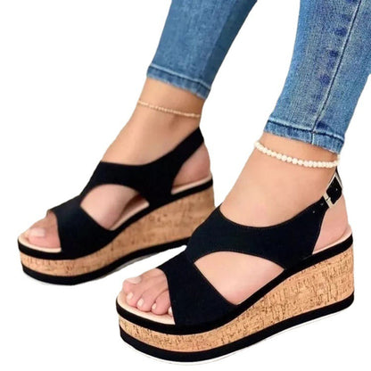 Sandalias de cuña con boca de pez para mujer, suela gruesa, bizcocho