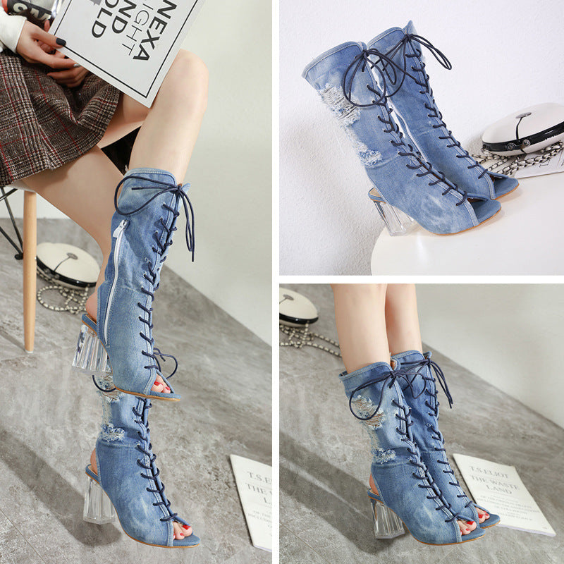 Thick-heeled Denim Mid-tube Boots High-heeled Fish Mouth Strap High-heeled Sandals