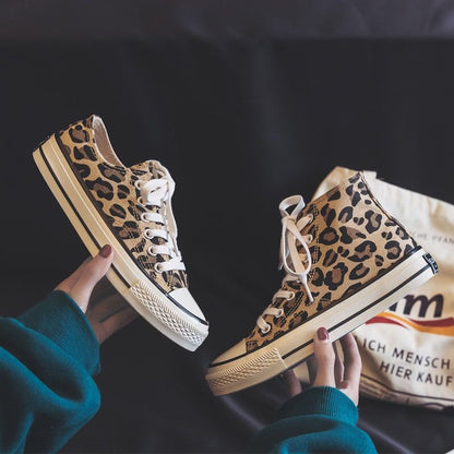 Zapatos de lona con estampado de leopardo de caña alta, estilo retro, informales, de tela