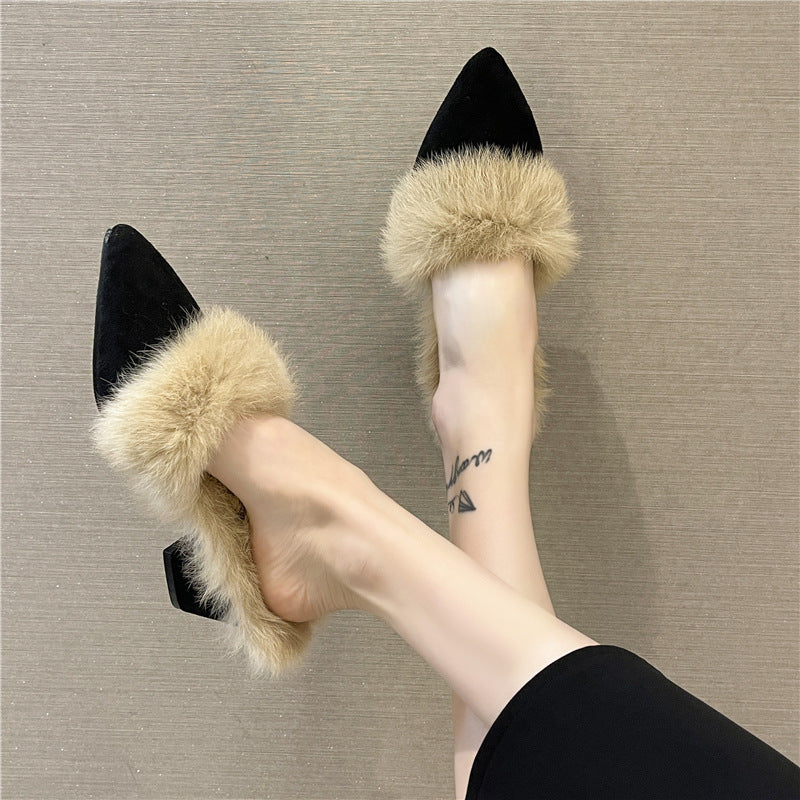 Women's Autumn Winter New Fashion Casual Pointed-toe Coarse-heeled Slippers