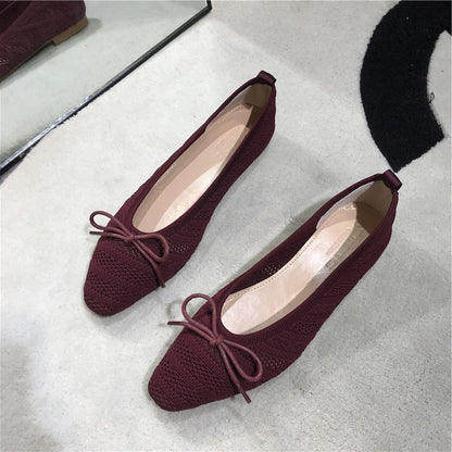 Retro Small Square Toe Bow Hollow Knit Flat Shoes