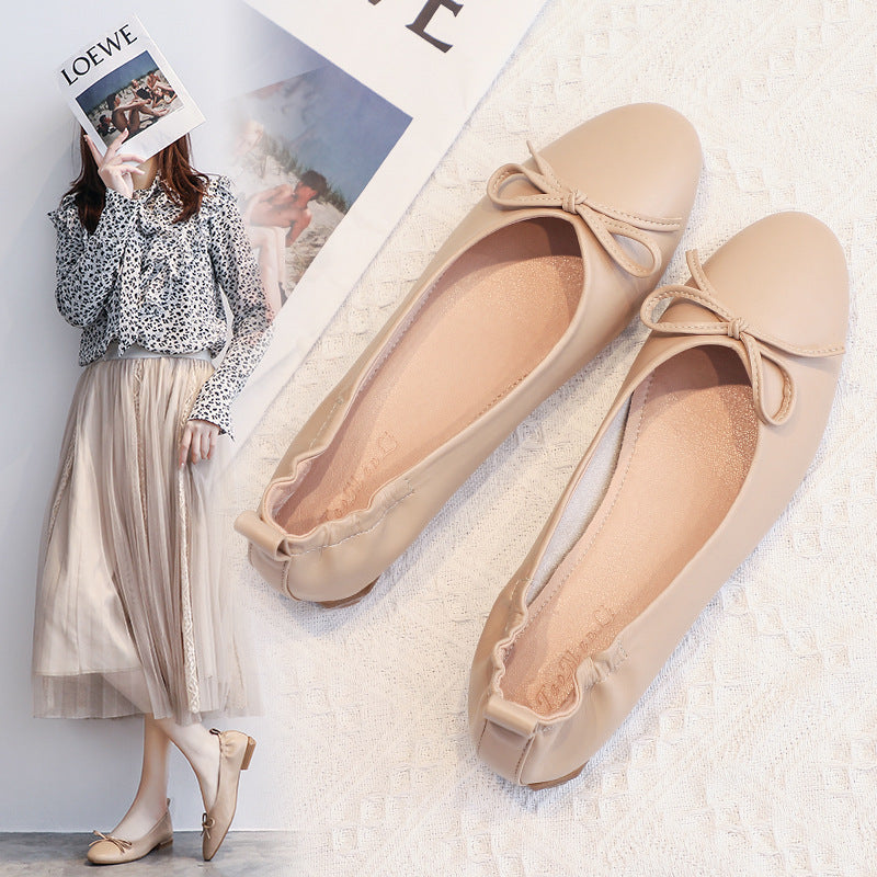 Leather Pea Single Shoes Women''s Summer Soft Bottom Flat Bottom Versatile