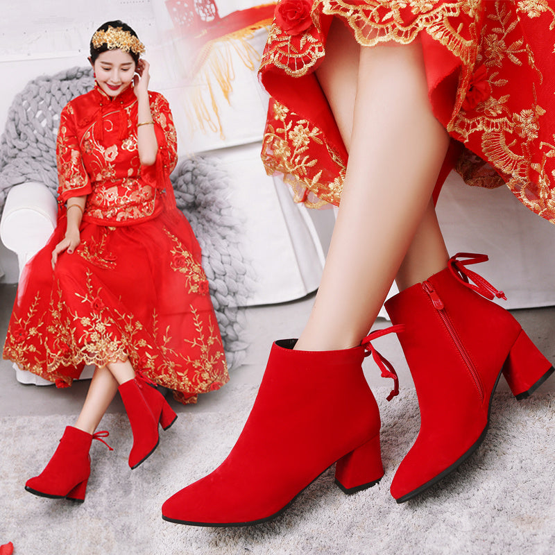 Wedding Shoes Winter Wedding Short Boots Thick Heel Red Bridal Shoes High Heels