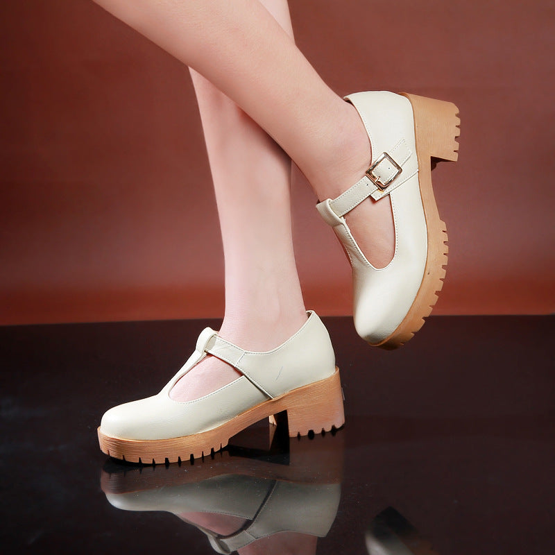 Thick Square Heel T-buckle Belt Student Korean Round Toe Platform Shoes Women's Shoes Large Size Shoes