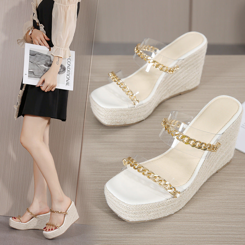 Square Toe Sandals, Wedge Heel, Transparent Film, Metal Chain Sandals