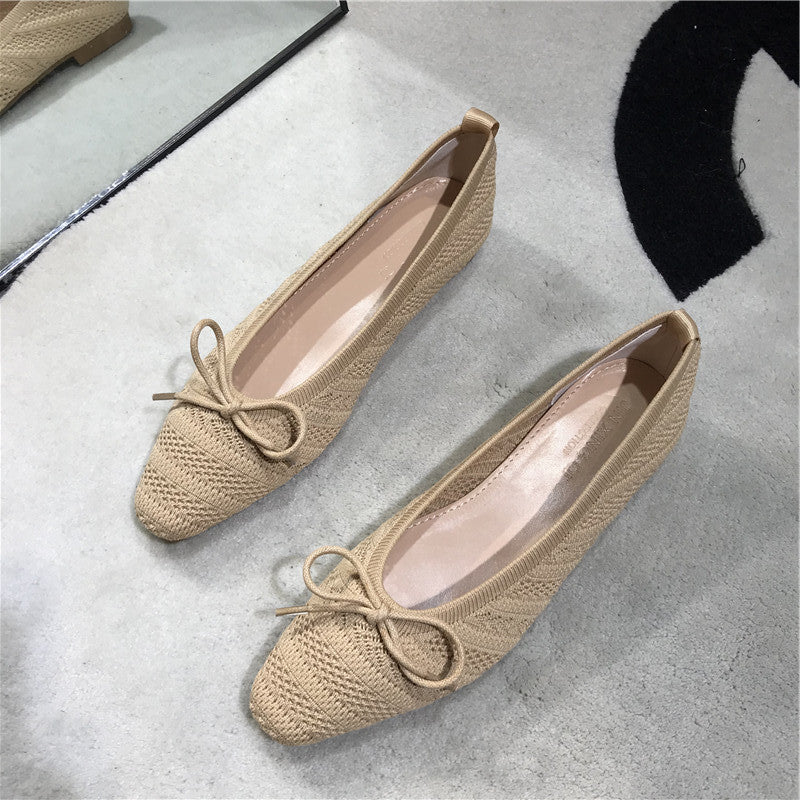 Retro Small Square Toe Bow Hollow Knit Flat Shoes