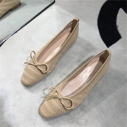 Retro Small Square Toe Bow Hollow Knit Flat Shoes