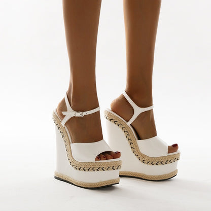 Fish-mouth Super High-heeled Wedge-heel Fairy-style Straw Woven One-word Female Sandals