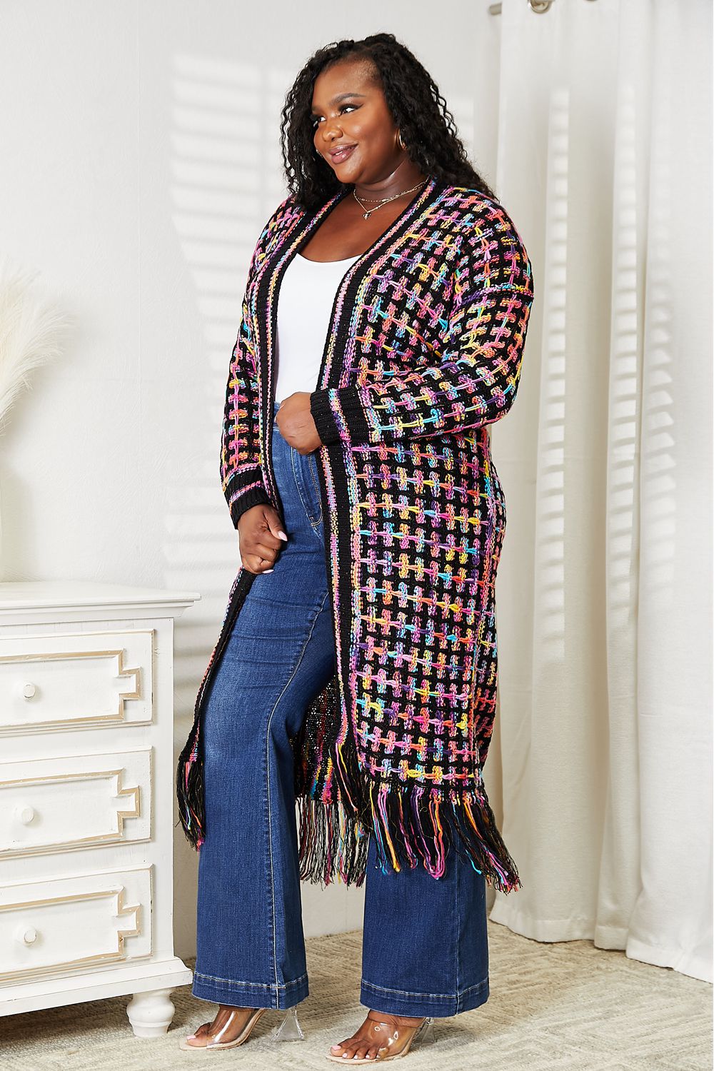 Full Size Multicolored Open Front Fringe Hem Cardigan