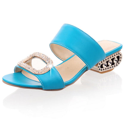 One-line Slippers Low-heeled Square Heel, Rhinestone Half-drag Women's Shoes