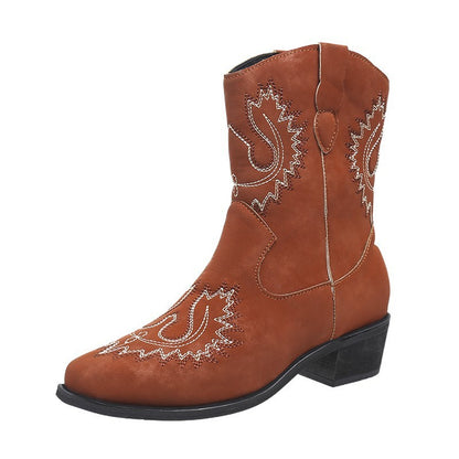 Bottes western brodées Bottes de cowboy à talons mi-hauts et épais Chaussures pour femmes