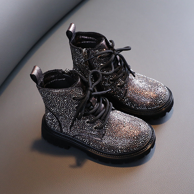 Botas individuales cálidas con diamantes de imitación para niñas y niños, bajas