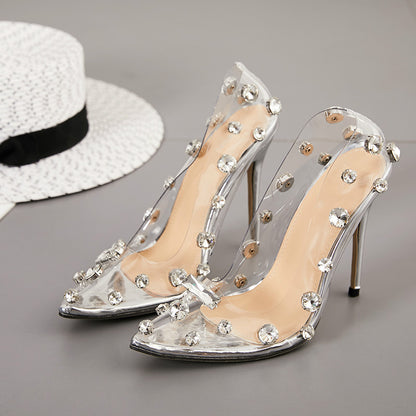 Large Size Shallow Mouth Single Shoes Transparent Rhinestone Sexy Women's Shoes