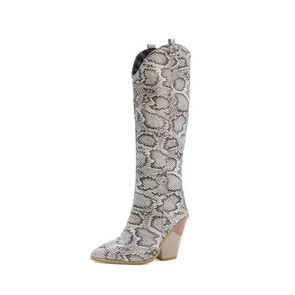 Boots Snake Print High Boots Thick High Heels Rider Boots