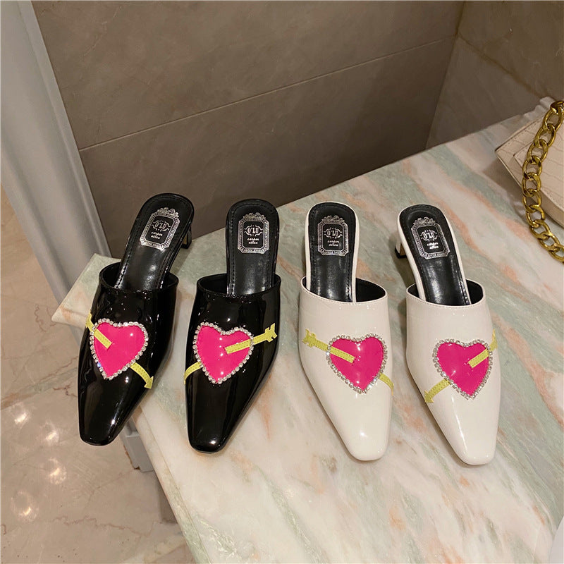 Slippers Square Head Thick Heel Love Baotou Rhinestone Slippers Single Shoes