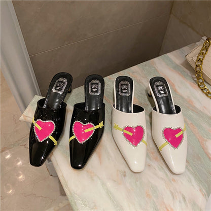 Slippers Square Head Thick Heel Love Baotou Rhinestone Slippers Single Shoes