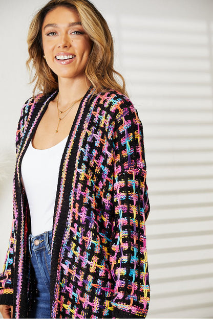 Cardigan multicolore ouvert sur le devant avec ourlet à franges pleine taille