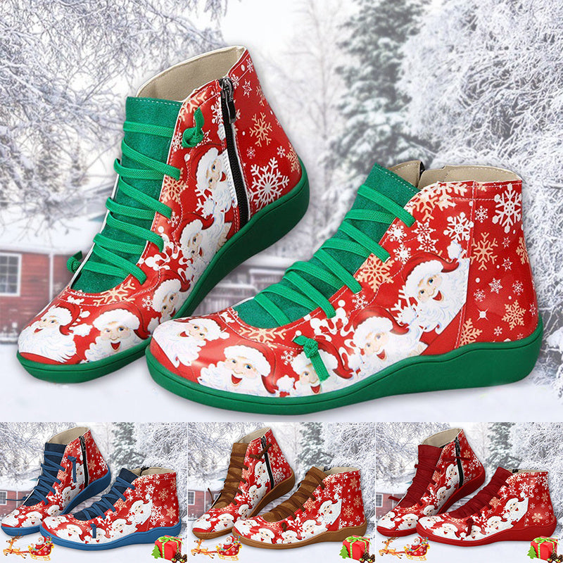 Bottines de Noël pour femmes, chaussures plates à imprimé flocon de neige, père Noël, décontractées, à enfiler, avec fermeture éclair latérale, bottes courtes