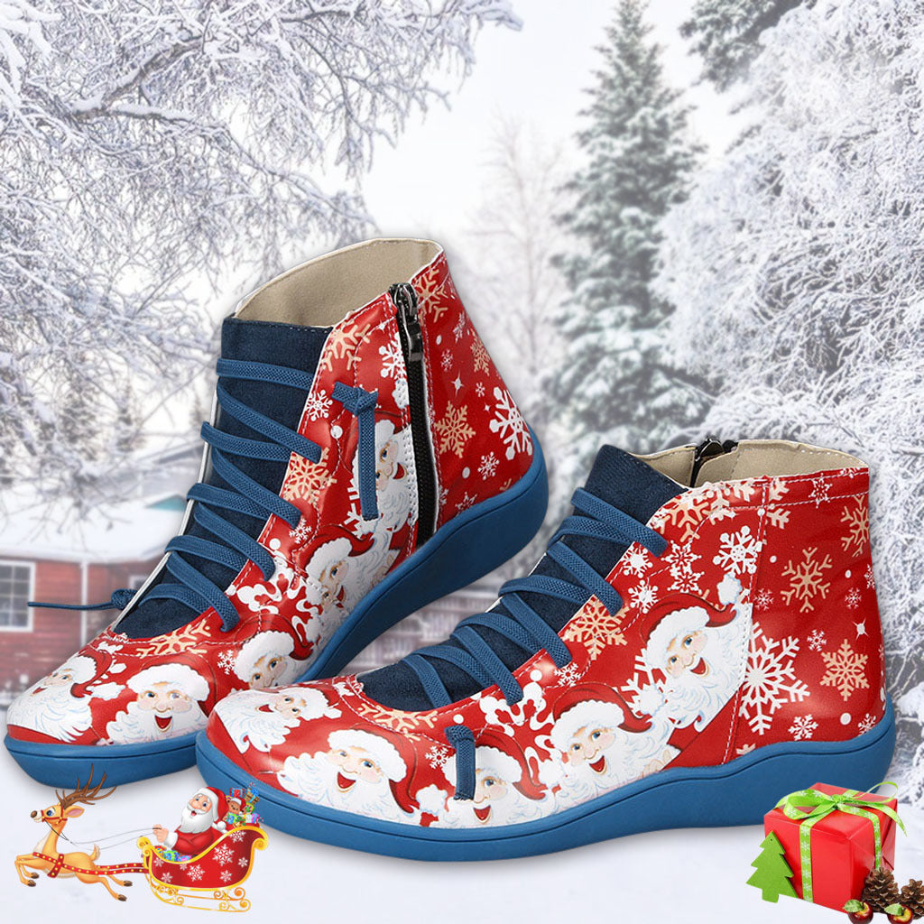 Bottines de Noël pour femmes, chaussures plates à imprimé flocon de neige, père Noël, décontractées, à enfiler, avec fermeture éclair latérale, bottes courtes