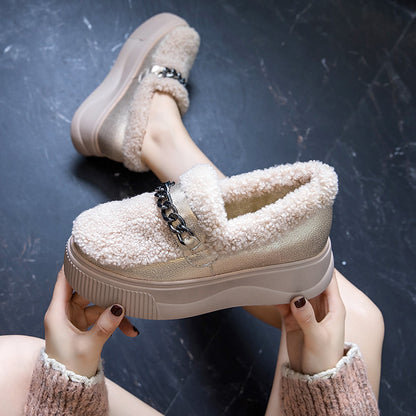 Botas de nieve de suela gruesa para deportes de invierno, además de terciopelo, cuero cálido, zapatos de algodón y lana real