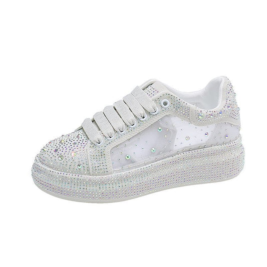 Thick-soled Mesh, Rhinestone White Shoes