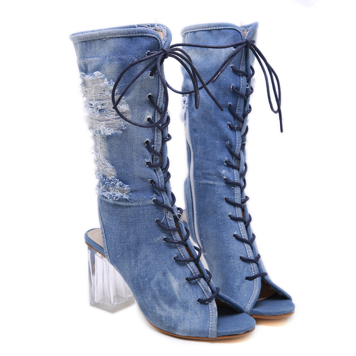 Thick-heeled Denim Mid-tube Boots High-heeled Fish Mouth Strap High-heeled Sandals